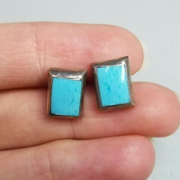 Vintage Sterling Silver and Blue Stud Earrings, Flush Set Rectangle Shape - Picture 2 of 9